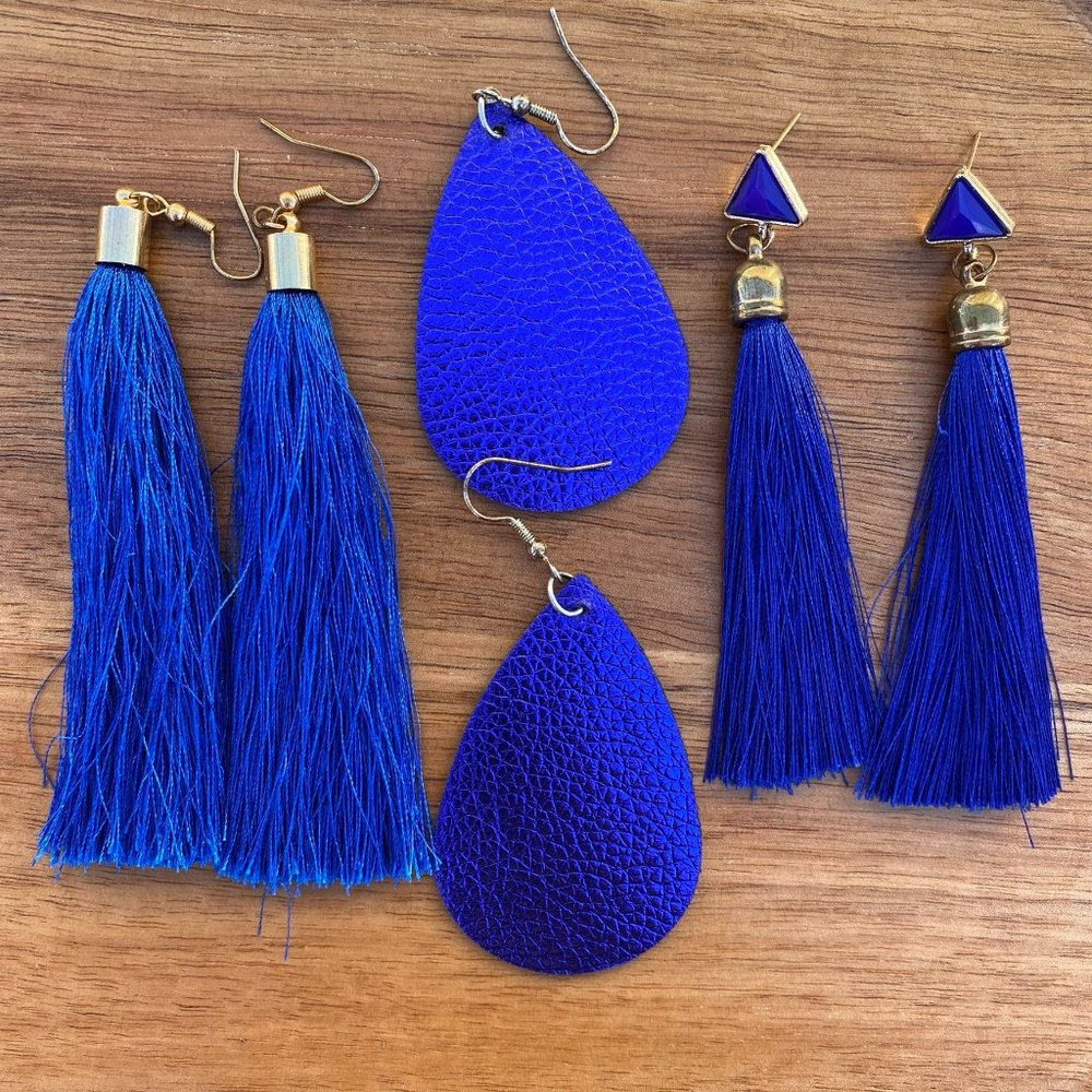 Blue Bohemian Long Tassel and Thread Drop Earrings